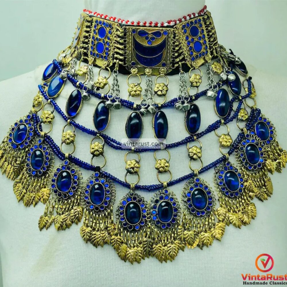 Afghan Tribal Choker: Blue Glass & Antique Gold Kuchi Necklace
